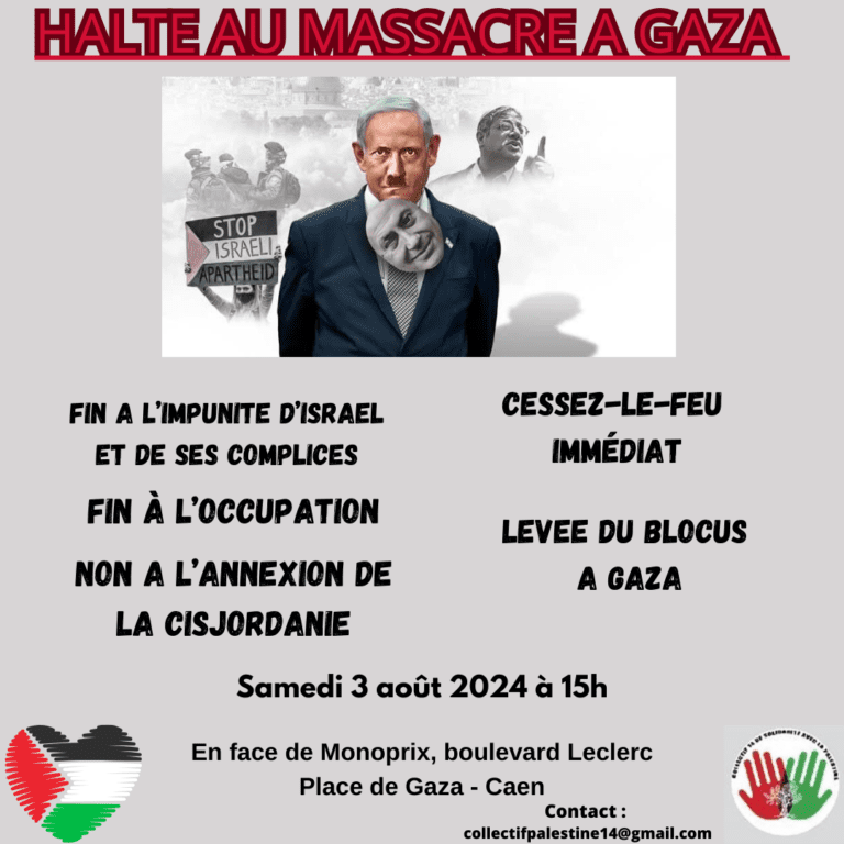 affiche manifestation soutien Palestine 03/08 15h Bd Leclerc