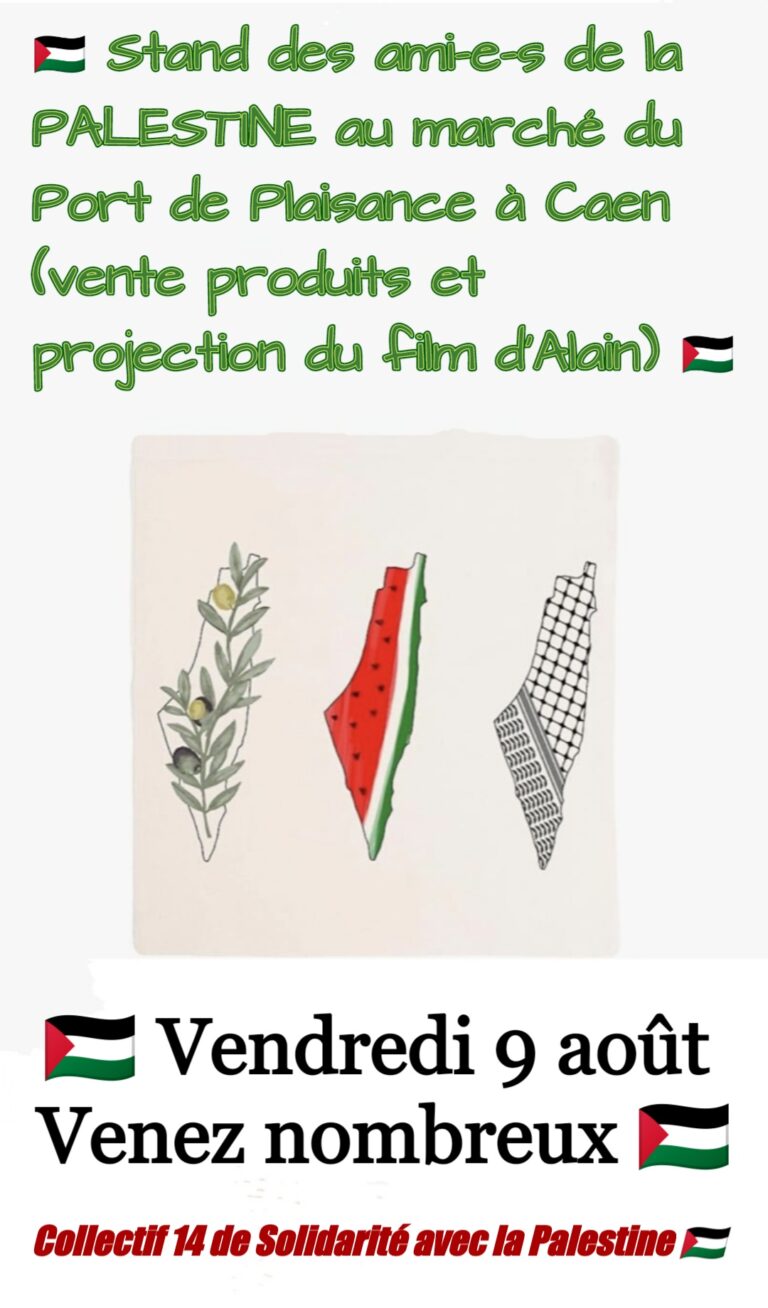 Stand des ami-e-s de la Palestine au marché du port de plaisance à Caen