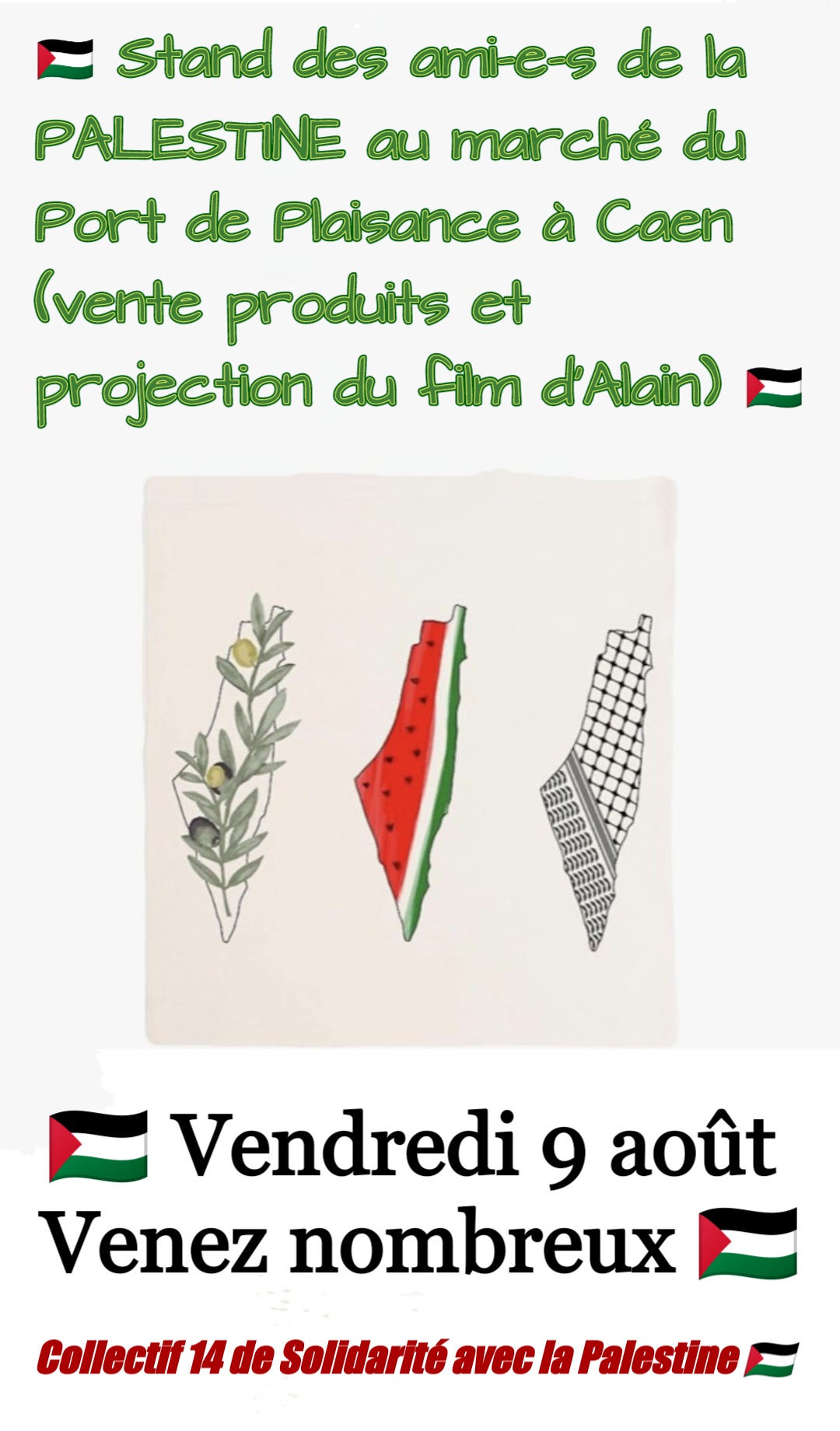 Stand des ami-e-s de la Palestine au marché du port de plaisance à Caen
