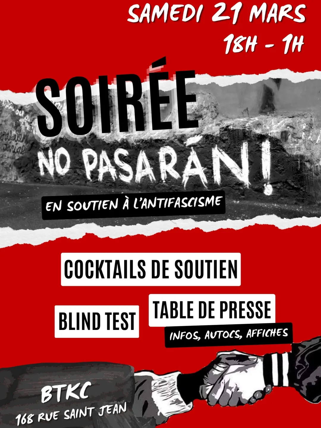 Soirée NO PASARÁN ! 🏴🚩Le samedi 21 mars, après le carnaval antifasciste à 16h, viens soutenir